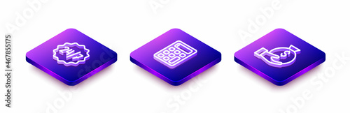 Set Isometric line Clock 24 hours, Calculator and Money bag icon. Vector