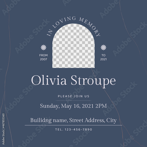 Memorial and funeral invitation card template design, dark blue decorated with abstract lines