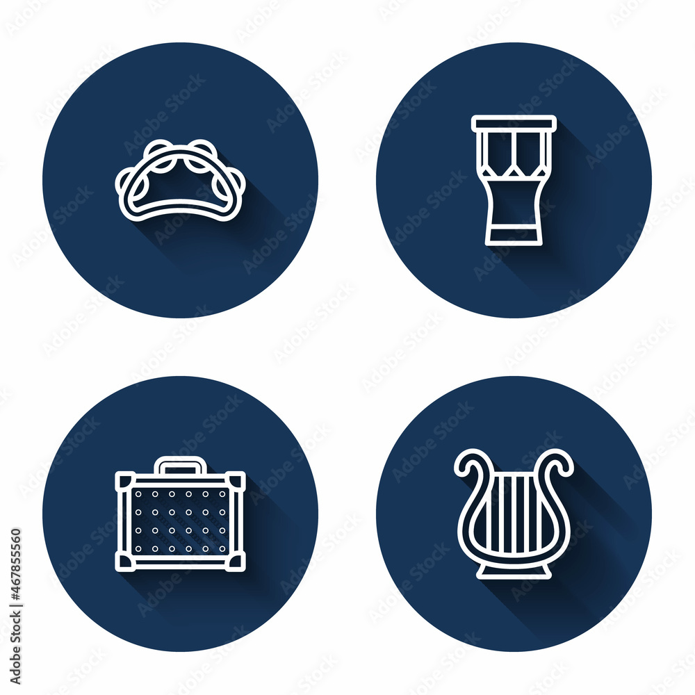Set line Tambourine, African percussion drum, Guitar amplifier and Ancient Greek lyre with long shadow. Blue circle button. Vector
