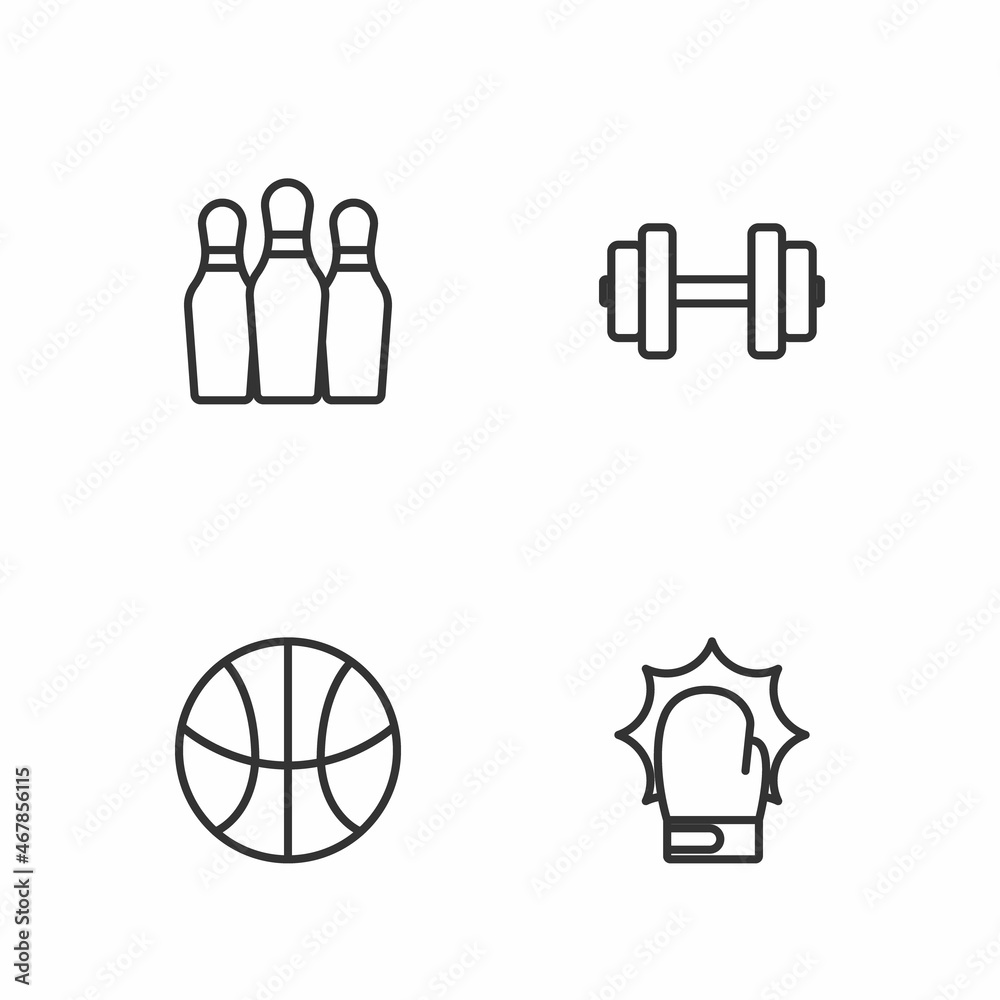 Set line Punch in boxing gloves, Basketball ball, Bowling pin and Dumbbell icon. Vector Set line Punch in boxing gloves, Basketball ball, Bowling pin and Dumbbell icon. Vector