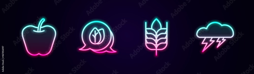 Set line Apple, Leaf, Wheat and Cloud and lightning. Glowing neon icon. Vector Set line Apple, Leaf, Wheat and Cloud and lightning. Glowing neon icon. Vector