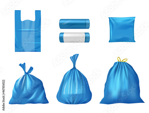 Plastic bags. Recycling pollution trash kitchen bags decent vector realistic containers set