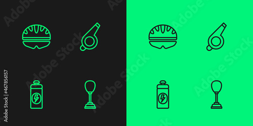 Set line Punching bag, Fitness shaker, Bicycle helmet and Whistle icon. Vector