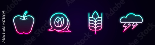 Set line Apple, Leaf, Wheat and Cloud and lightning. Glowing neon icon. Vector
