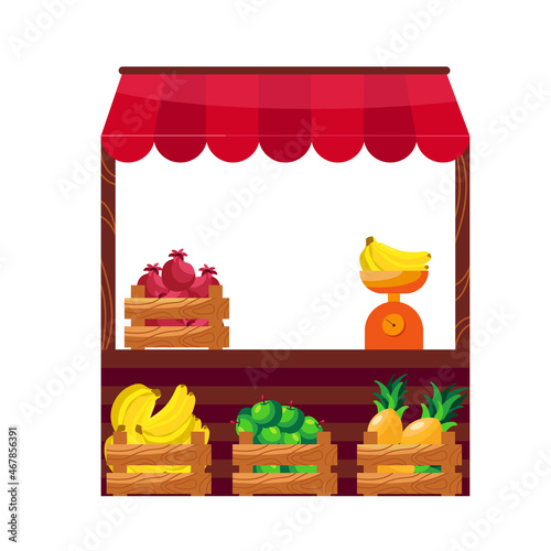 Fruits supermarket stall. Fruits, vegetables wooden counter, grocery store organic food. Fresh Fruits local shop vector illustration. Farmer Selling apples, pineapple, pomegranate, bananas. 