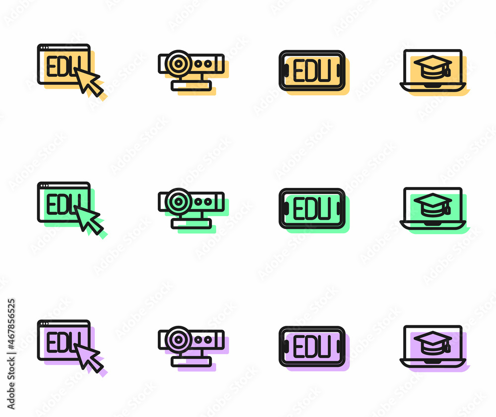 Set line Online education, Web camera and Graduation cap laptop icon. Vector Set line Online education, Web camera and Graduation cap laptop icon. Vector