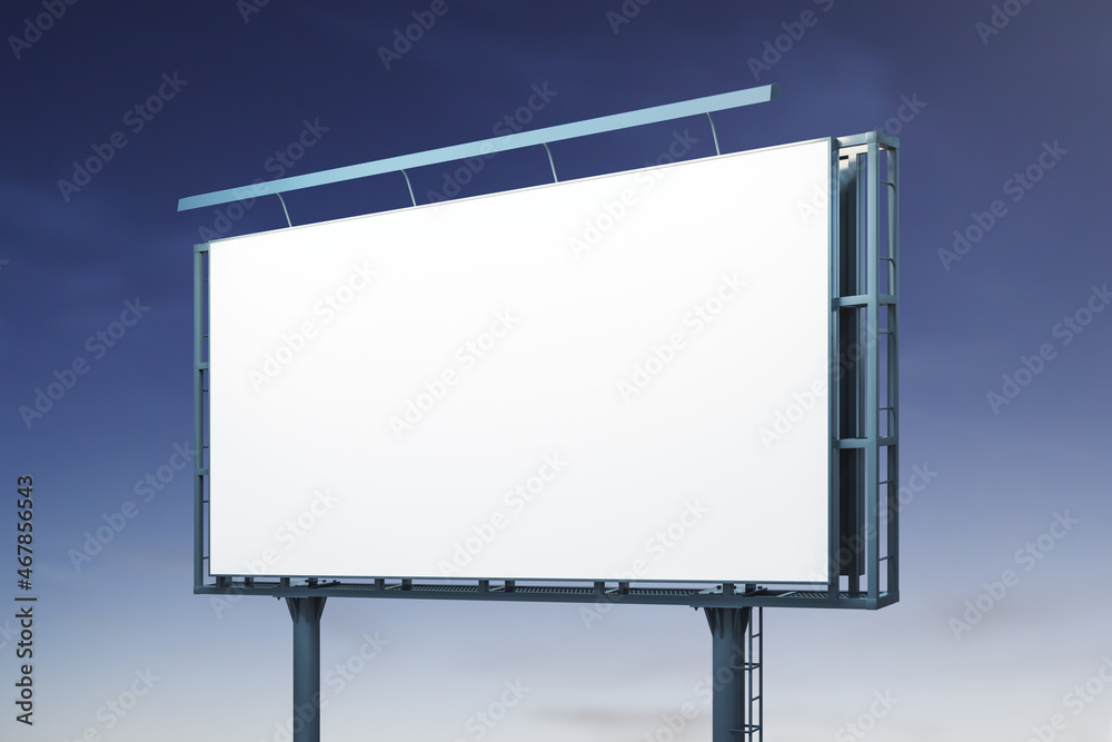 Blank white horizontal billboard on blue sky background at night, perspective view. Mockup, advertising concept Blank white horizontal billboard on blue sky background at night, perspective view. Mockup, advertising concept