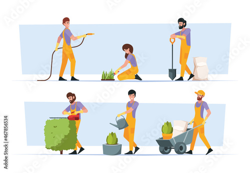 Gardeners. Agriculture characters people growth plants harvest person fruits and vegetables tree garish vector flat illustrations set isolated