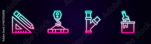 Set line Triangular ruler and pencil, Crane hook, Industry metallic pipe and Paint bucket with brush. Glowing neon icon. Vector