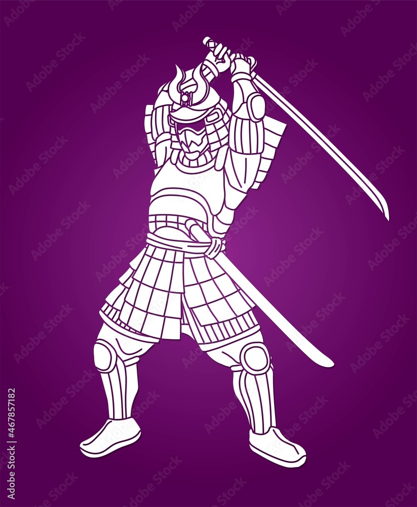 Samurai Warrior or Ronin with Armor and Weapon Japanese Fighter Action Cartoon Graphic Vector
