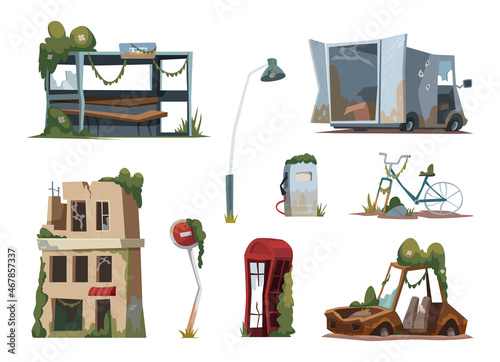 Post apocalypse. Wars city ruins destructive buildings destroyer concept exact vector illustrations in cartoon style