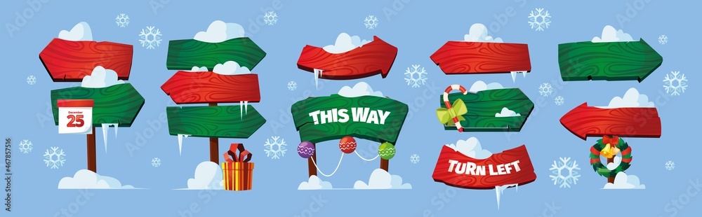 North pole signs. Christmas wooden direction arrows boards with snow caps garish vector illustration isolated - obrazy, fototapety, plakaty 