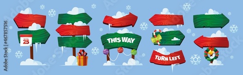 North pole signs. Christmas wooden direction arrows boards with snow caps garish vector illustration isolated