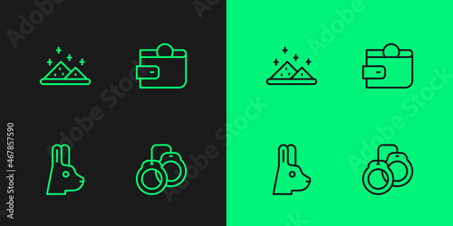 Set line Handcuffs, Rabbit with ears, Magic powder and Wallet icon. Vector