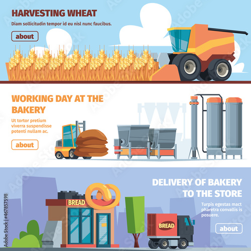 Bread production banners. Rural farming vehicles and windmill harvesting processes garish vector ads templates with place for text