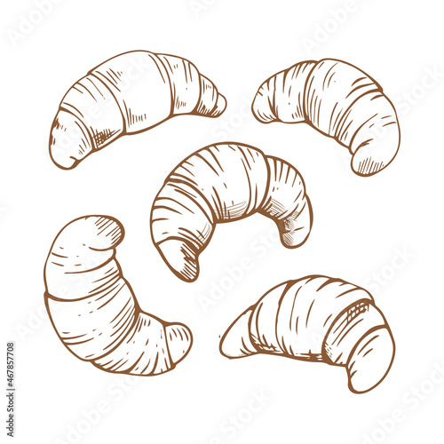Croissant set. Outline bakery croissant isolated on white background for design menu cafe,bistro, restaurant, label and packaging. Vector illustration in doodle style © Alina
