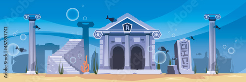 Underwater life background. Fantasy life damaged old town ruins atlantis lost city garish vector cartoon template