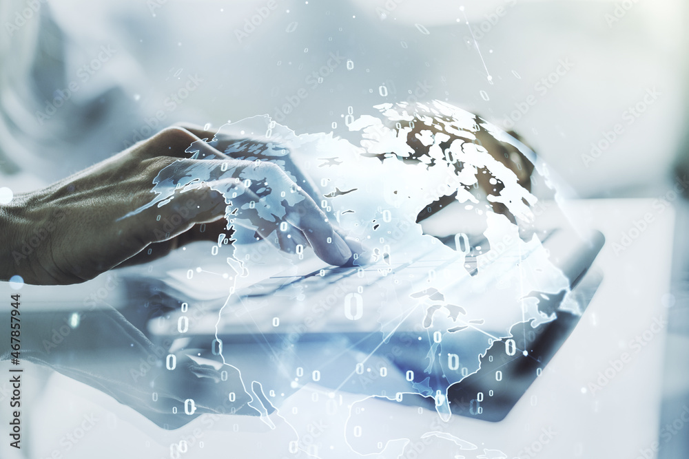 Obraz premium Multi exposure of abstract programming language hologram with world map and hands typing on computer keyboard on background, artificial intelligence and neural networks concept