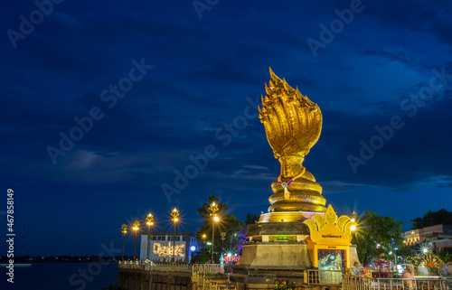 Nakhon Phanom, Thailand -31 October 2021 : It is landmarks
Statue of the Naga serpent of seven heads belief in buddhism at the mekong river in Nakhon Phanom, Thailand.