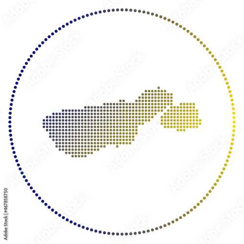 Madre de Dios Island digital badge. Dotted style map of Madre de Dios Island in a circle. Tech icon of the island with gradiented dots. Charming vector illustration.