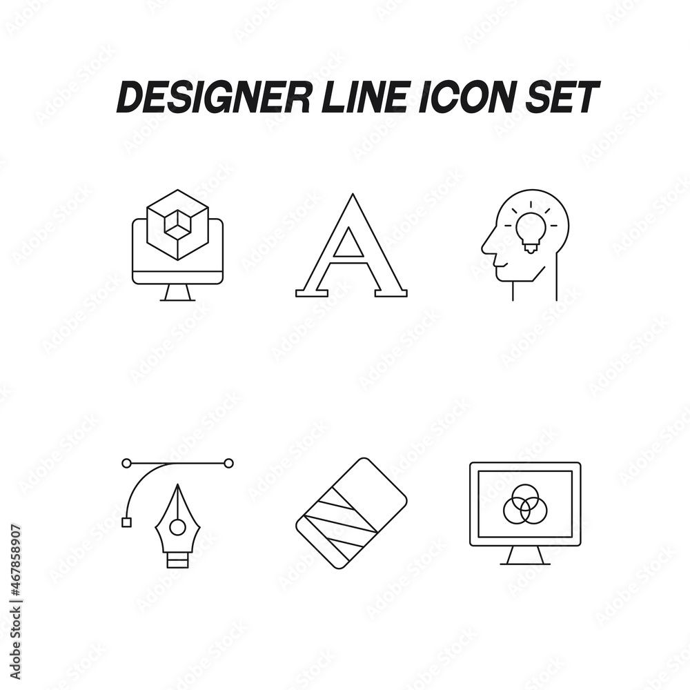 Industry concept. Collection of modern high quality design line icons. Editable stroke. Premiul linear symbols of computer, cube in big cube, letter A, idea sign, eraser Industry concept. Collection of modern high quality design line icons. Editable stroke. Premiul linear symbols of computer, cube in big cube, letter A, idea sign, eraser