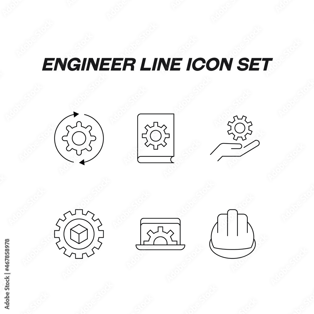 Collection of modern engineer outline icons. Set of modern illustrations for mobile apps, web sites, flyers, banners etc. Line icons of arrows over gear, cube, helmet, gear on hand Collection of modern engineer outline icons. Set of modern illustrations for mobile apps, web sites, flyers, banners etc. Line icons of arrows over gear, cube, helmet, gear on hand