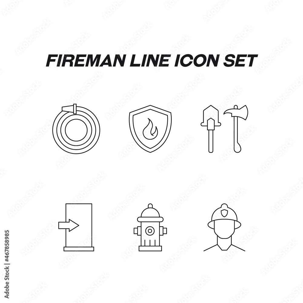 Industry concept. Collection of fireman vector outline signs for web pages, books, online stores, flyers, banners etc. Icons of fire hose, armor, axe and spade, fire hydrant, emergency exit Industry concept. Collection of fireman vector outline signs for web pages, books, online stores, flyers, banners etc. Icons of fire hose, armor, axe and spade, fire hydrant, emergency exit