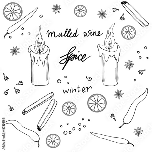 Vector set, hand-drawn, mulled wine spices. Stylized sketches of candles, pepper, chili, cinnamon, star anise, cloves and lettering.