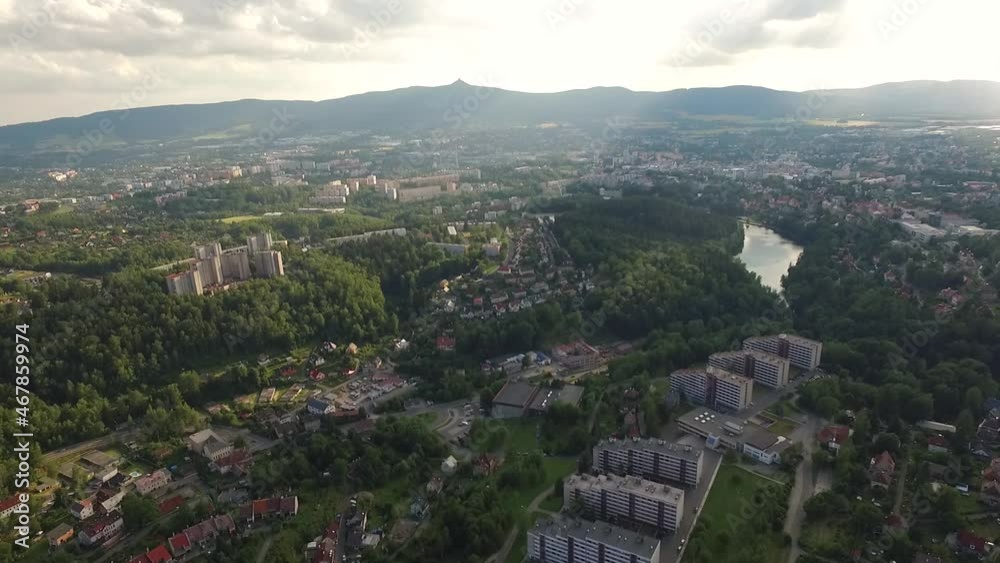 Liberec aerial drone view of whole city, Jested mountain in background Liberec aerial drone view of whole city, Jested mountain in background