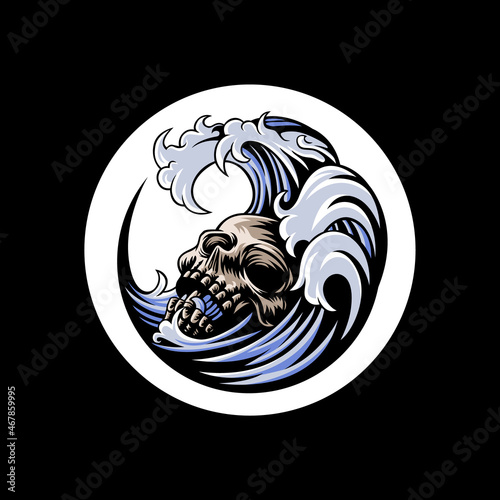 skull drowning in a waves logo ,this cool and fierce image is suitable for e - sport team logos or extreme sports like surfing ,skateboard  etc, can be used t-shirt or merchandise design