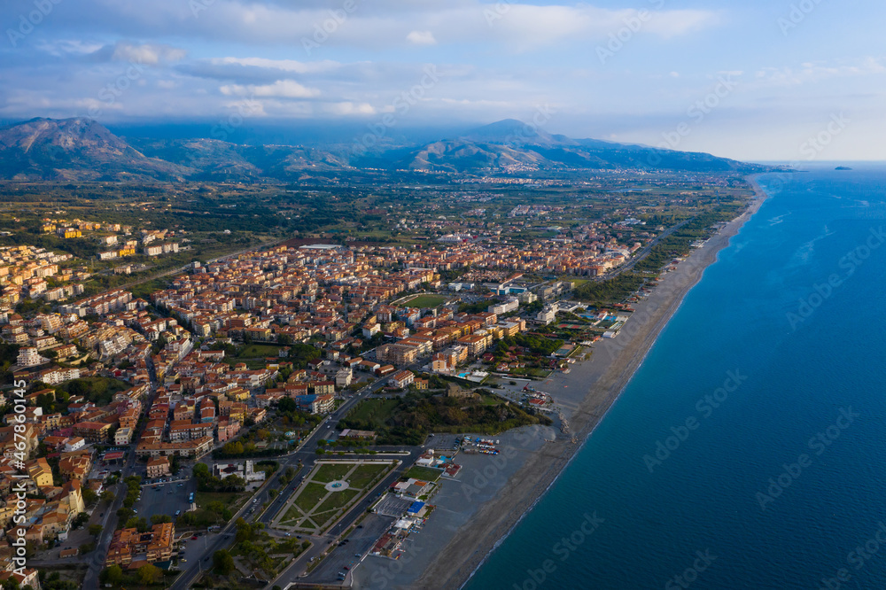 Aerial view of south italian coast with city of Scalea, Calabria
