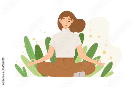 Young female is meditating with peaceful mind. Concept of meditation, peace, resting, relaxation, mindfulness, mental health, healing, practicing. Flat vector illustration character.