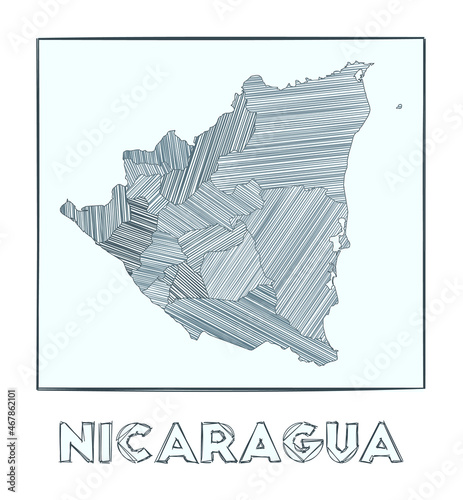 Sketch map of Nicaragua. Grayscale hand drawn map of the country. Filled regions with hachure stripes. Vector illustration.