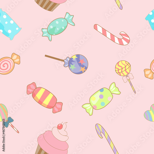 seamless pattern with sweets - ice cream, cupcakes, and candies on pink background 