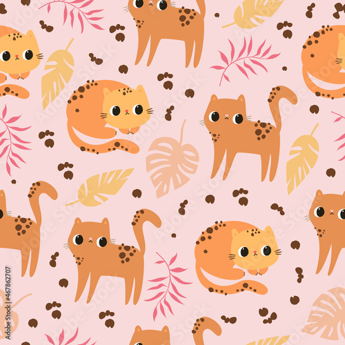 Seamless children's pattern with cute leopards and palm leaves. Safari animals