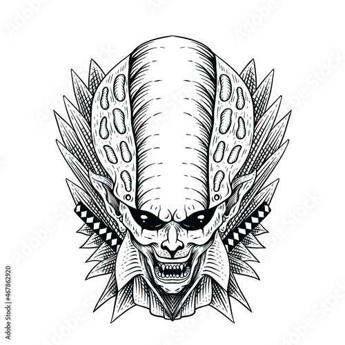 hand drawn samurai alien illustration black and white