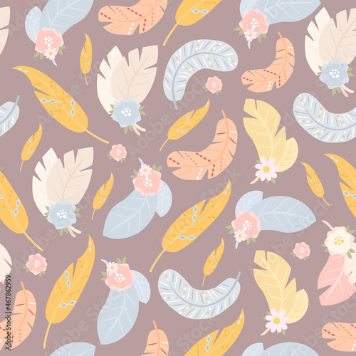 Wallpaper Mural Seamless pattern with boho feathers. Pastel pattern, airy feathers and flowers Torontodigital.ca