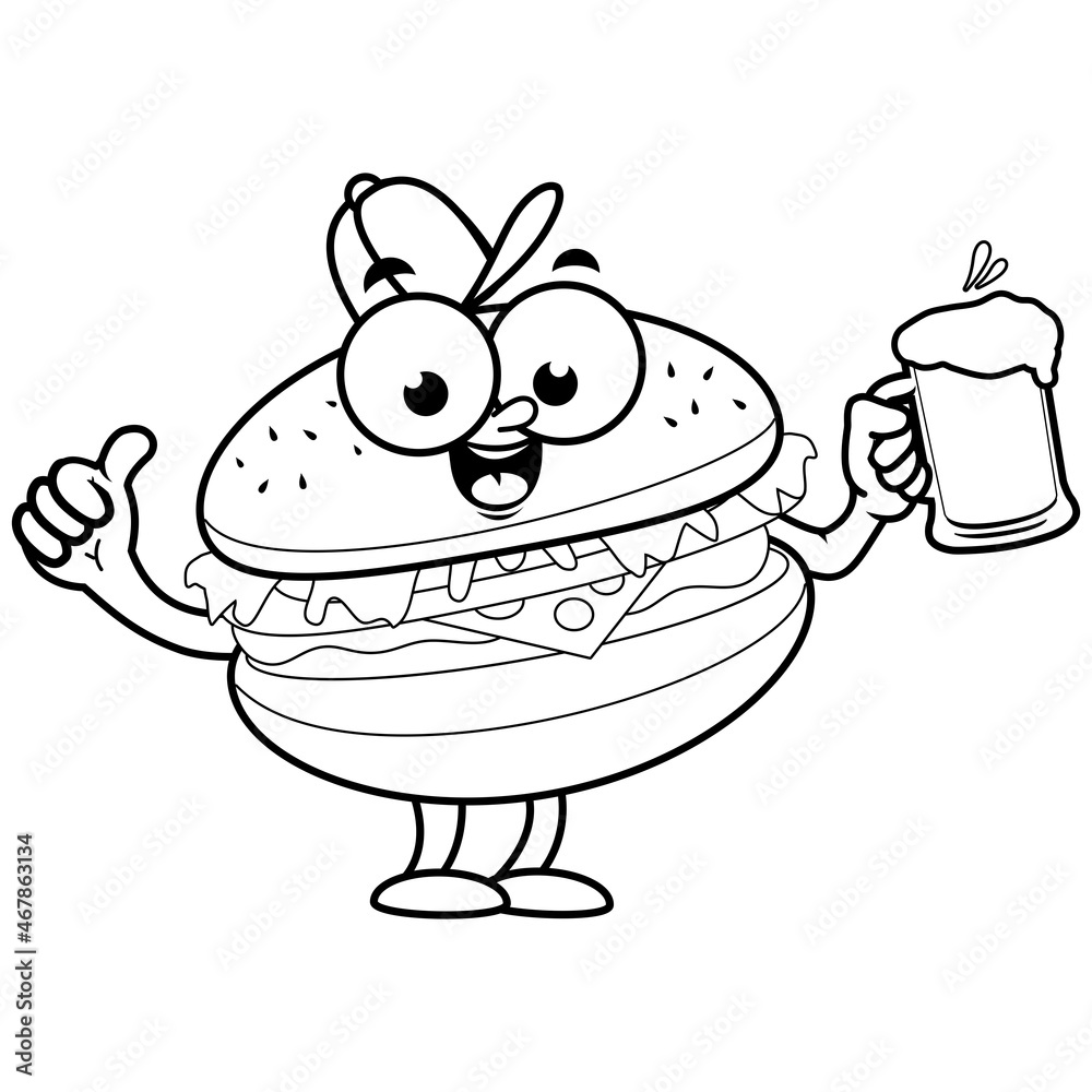 Cartoon hamburger character with a beer. Vector black and white coloring page. Cartoon hamburger character with a beer. Vector black and white coloring page.