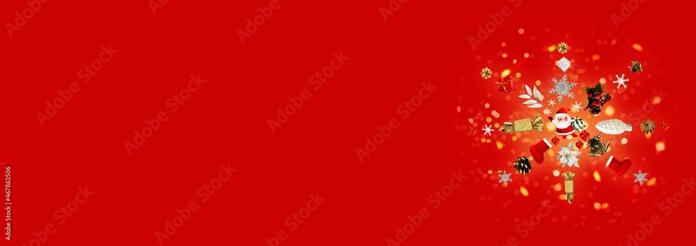 Christmas banner with santa claus, gifts, snowflakes, golden cones and candies and berries. Christmas decorations on a red background with bokeh. Copy space.