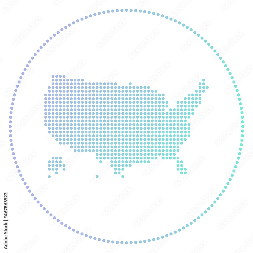 USA digital badge. Dotted style map of USA in circle. Tech icon of the country with gradiented dots. Stylish vector illustration.