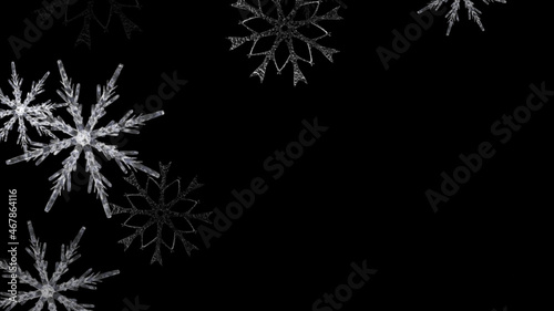 black background with large white snowflakes. snowflakes copy space