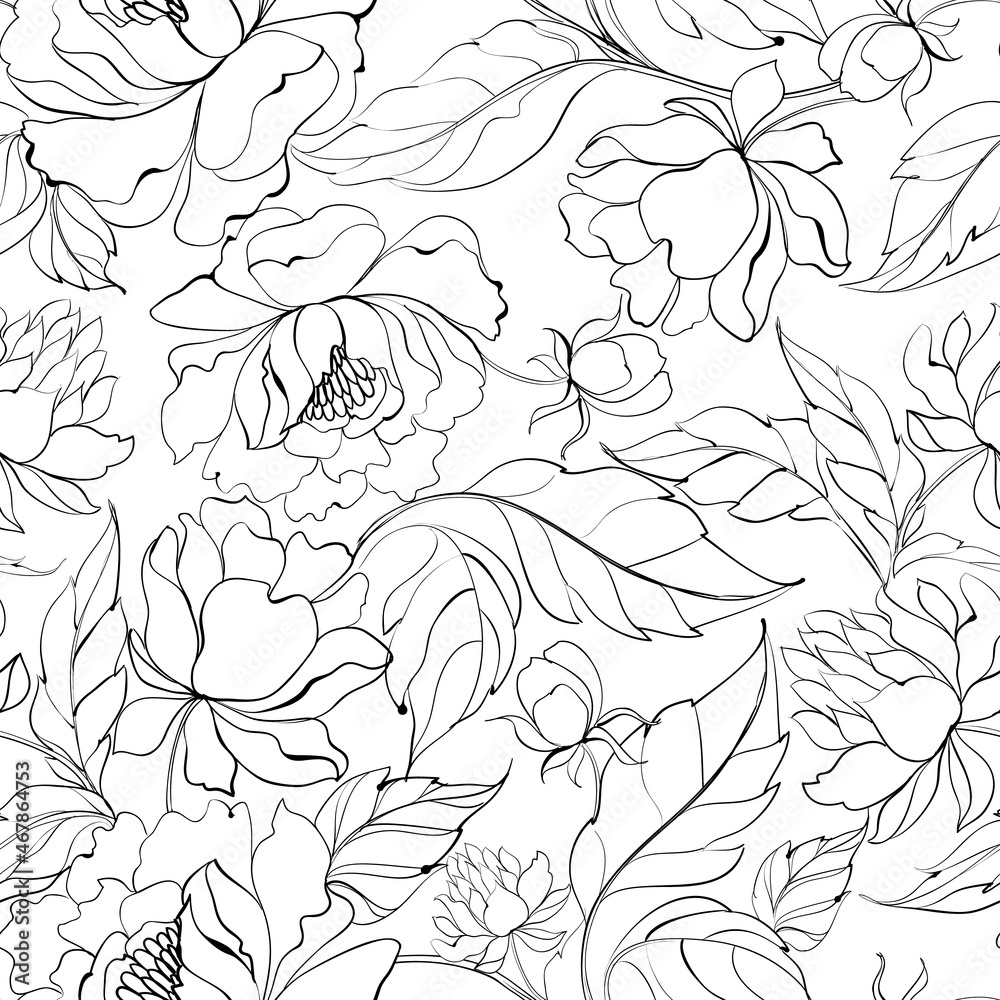 Fototapeta premium Seamless pattern from flowers of peonies on a white background.