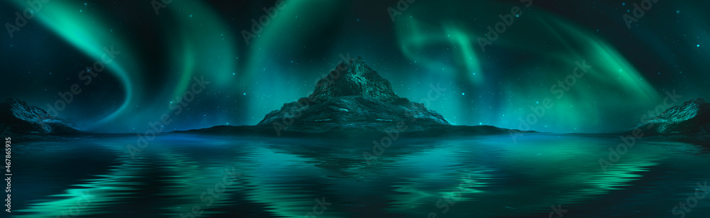 Night polar fantasy landscape with northern lights. Neon sunset, northern lights, night seascape. Islands, starry sky. Dark natural scene with light reflection in water. 3D illustration. 