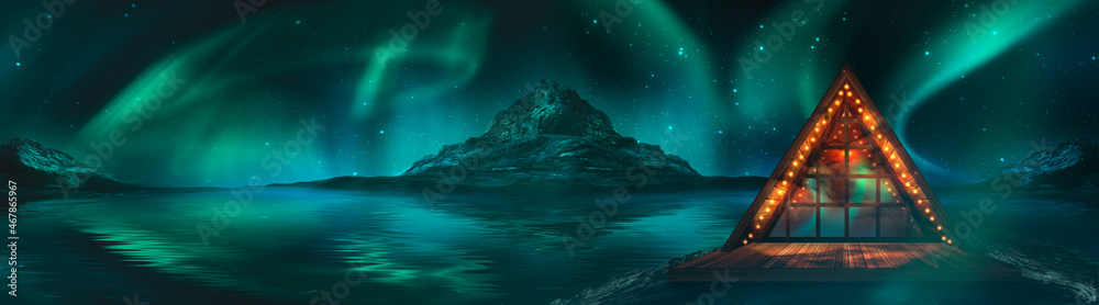 Fototapeta premium Night polar fantasy landscape with northern lights. Neon sunset, northern lights, night seascape. Islands, starry sky. Dark natural scene with light reflection in water. 3D illustration.