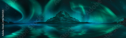 Night polar fantasy landscape with northern lights. Neon sunset  northern lights  night seascape. Islands  starry sky. Dark natural scene with light reflection in water. 3D illustration. 