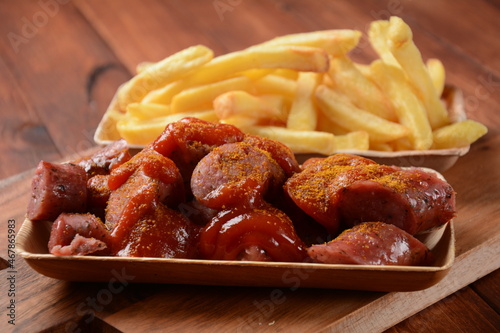 Currywurst Sausages with French fries. Traditional German currywurst  sausages with Curry spice on wursts served with pommes. photo