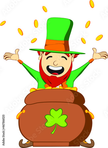 Saint Patricks Day leprechaun character. Sitting inside pot of gold coins falling from sky. Green suite leprechaun celebrating Irish festival.