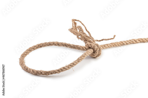 Noose isolated. Rope trap. Loop, hemp rope tied up with rope isolated on white