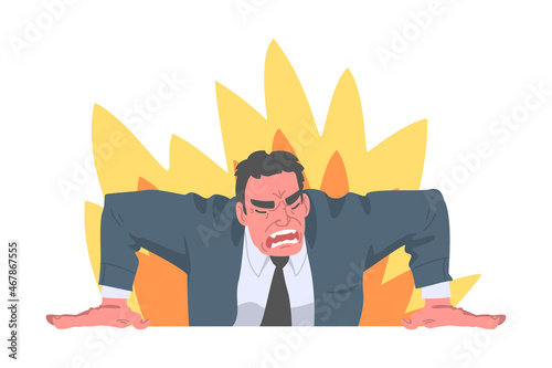 Furious Chief Screaming and Yelling in Anger with Burning Flame Behind Vector Illustration