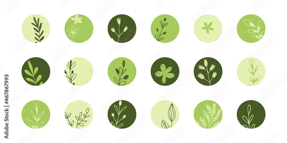 Trendy social media round cover design, social network stories and post, mobile apps, design. Template icons with floral doodle elements. Set of various vector highlight covers, mockup for bloggers Trendy social media round cover design, social network stories and post, mobile apps, design. Template icons with floral doodle elements. Set of various vector highlight covers, mockup for bloggers